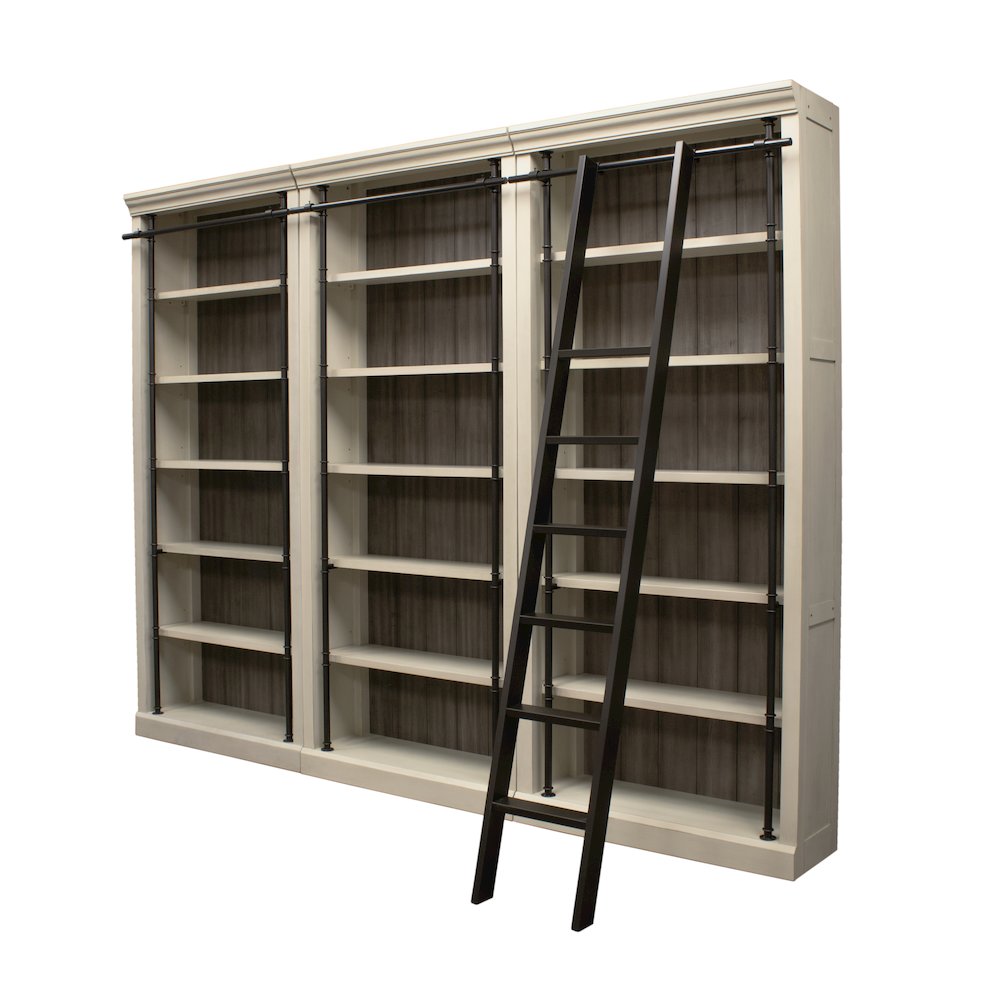 8' Tall Bookcase Wall With Ladder, Storage Organizer, Aged Chateau White. Picture 1