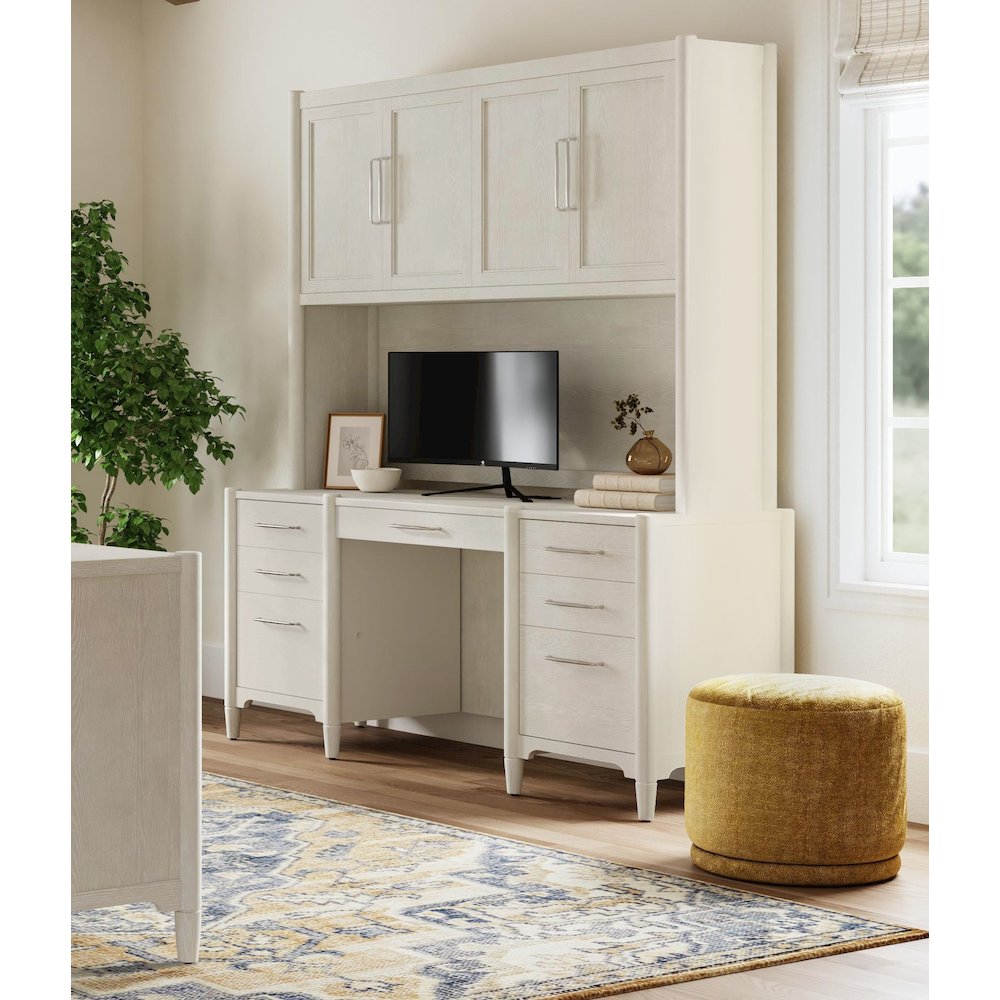 Wood Desk with Hutch,Office Storage,Writing Table with Cabinet, Assembled, White. Picture 4