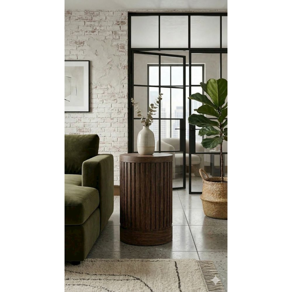 Modern round pedestal table, side table, cocktail stand, fully assembled, brown. Picture 2