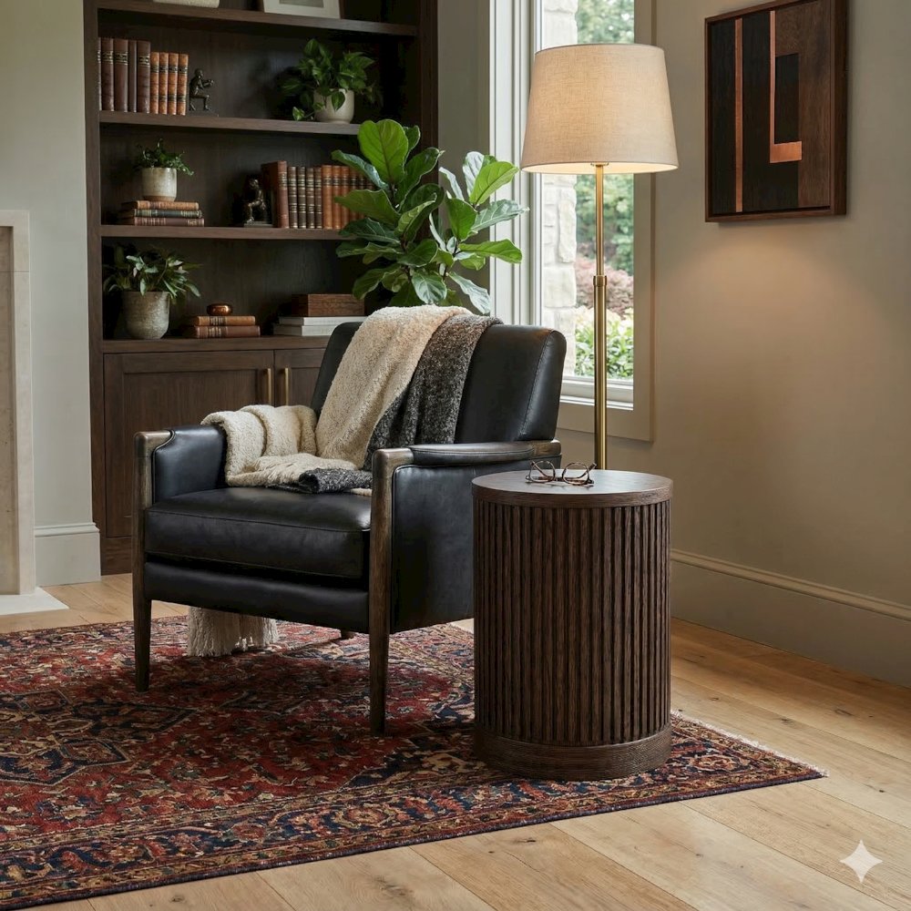 Modern round pedestal table, side table, cocktail stand, fully assembled, brown. Picture 2
