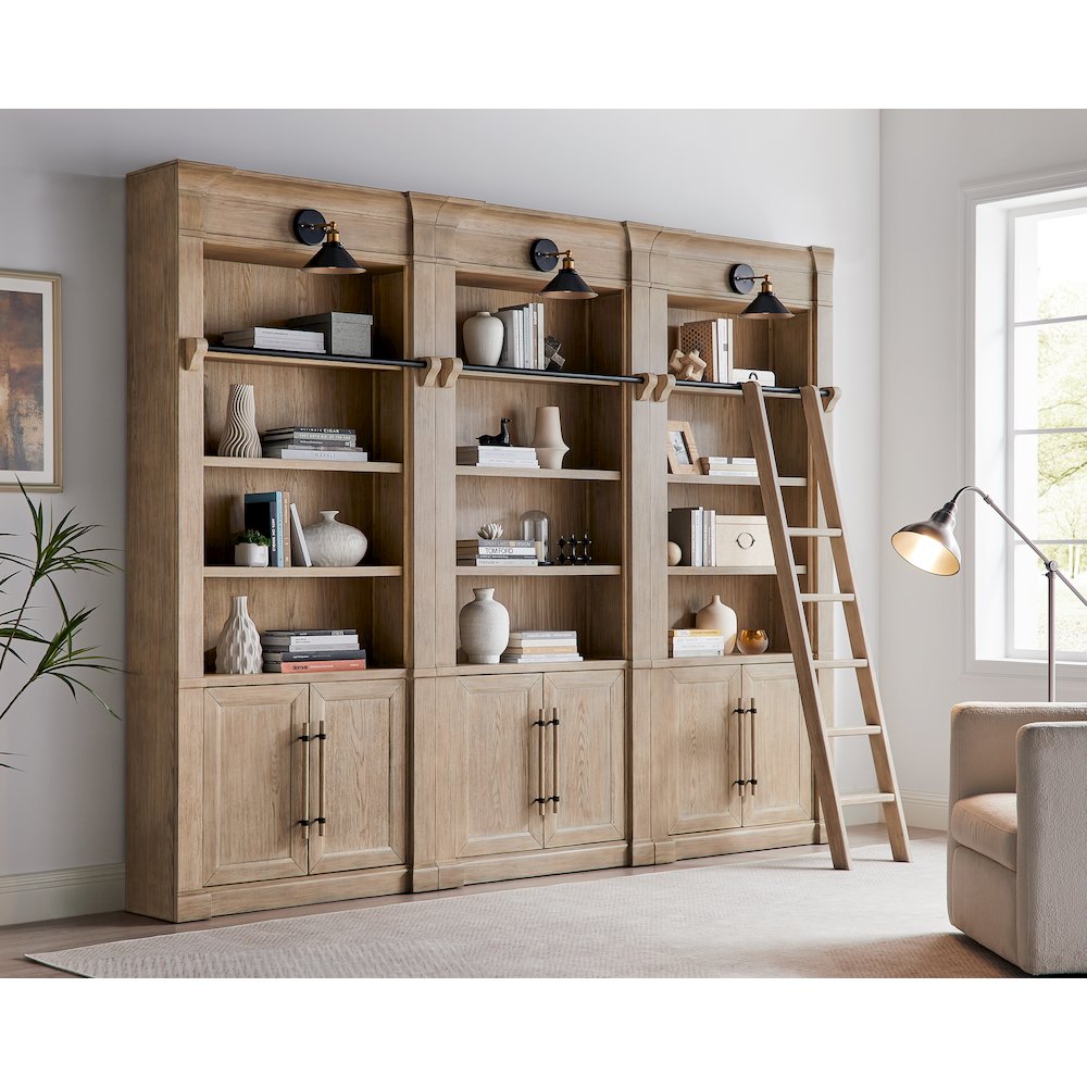 Three 8' Tall Bookcase Wall With Ladder, Storage Organizer, Display Shelf, Brown. Picture 2