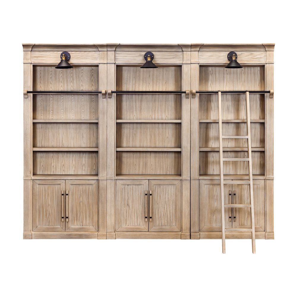 Three 8' Tall Bookcase Wall With Ladder, Storage Organizer, Display Shelf, Brown. Picture 3