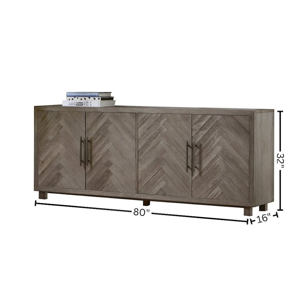 80 Inch Four Door TV Console, Distressed Gray, Herringbone, 2 Shelves. Picture 9