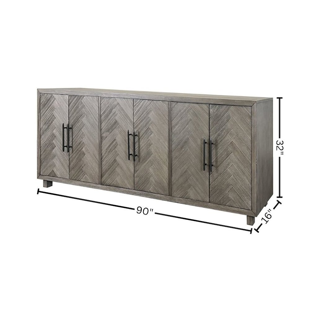 90 Inch Six Door Console, Distressed Gray, Herringbone, 3 Shelves. Picture 9