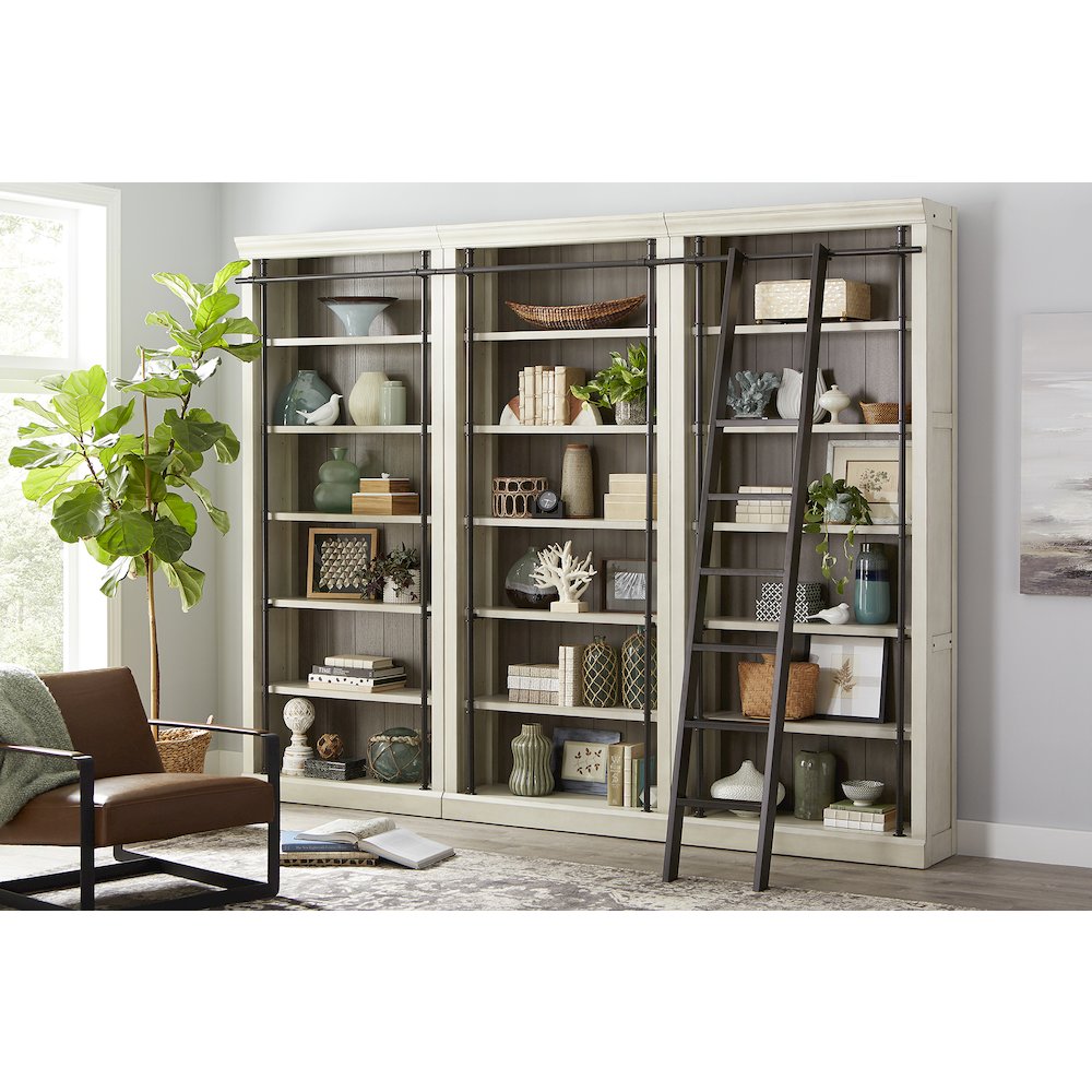 8' Tall Bookcase Wall With Ladder, Storage Organizer, Aged Chateau White. Picture 8