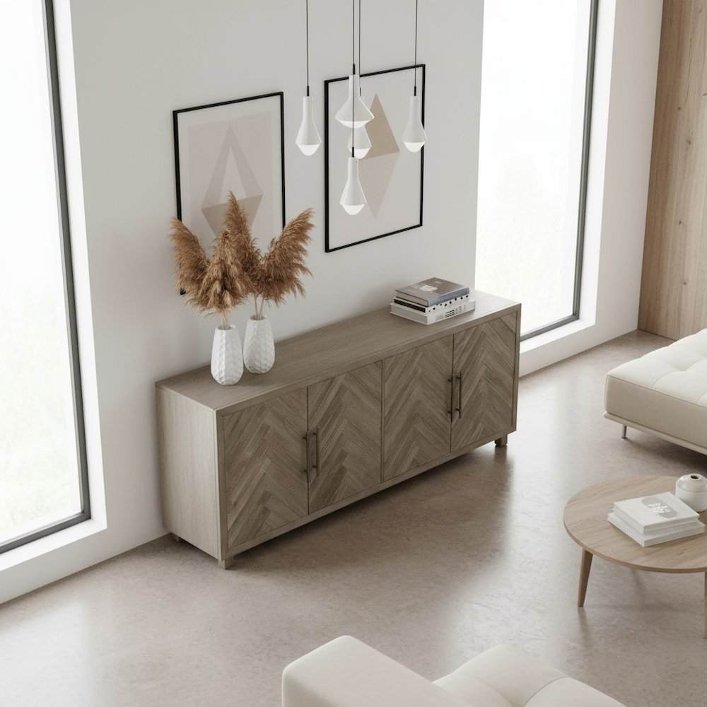 80 Inch Four Door TV Console, Distressed Gray, Herringbone, 2 Shelves. Picture 2