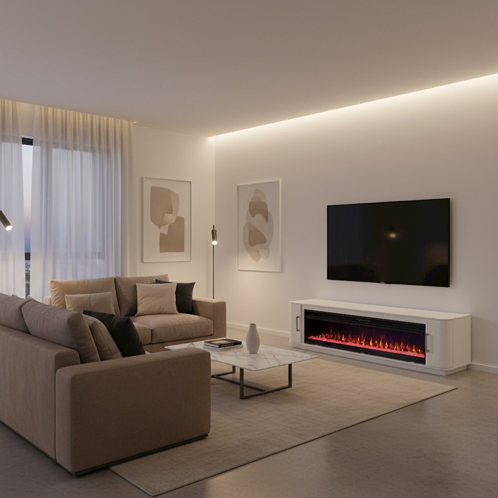 96-Inch Electric Fireplace Console, Infrared Heat, LED Flames, White. Picture 3