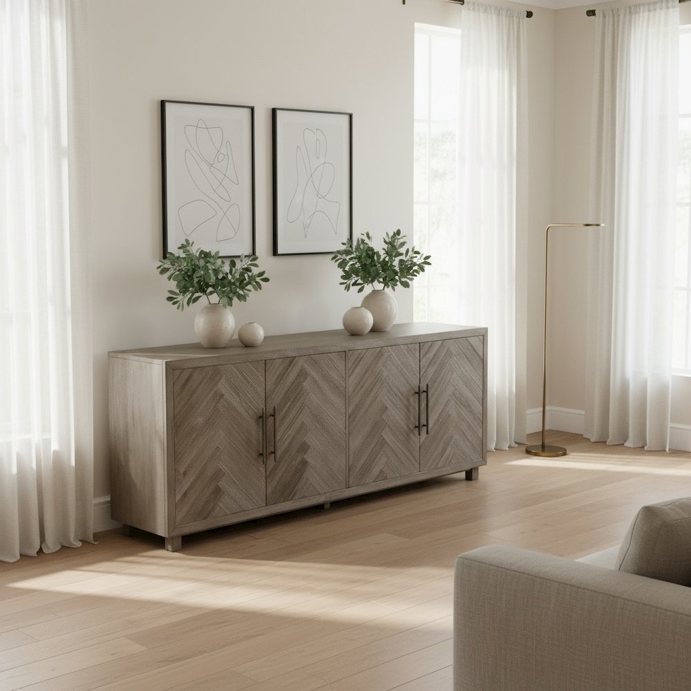80 Inch Four Door TV Console, Distressed Gray, Herringbone, 2 Shelves. Picture 3