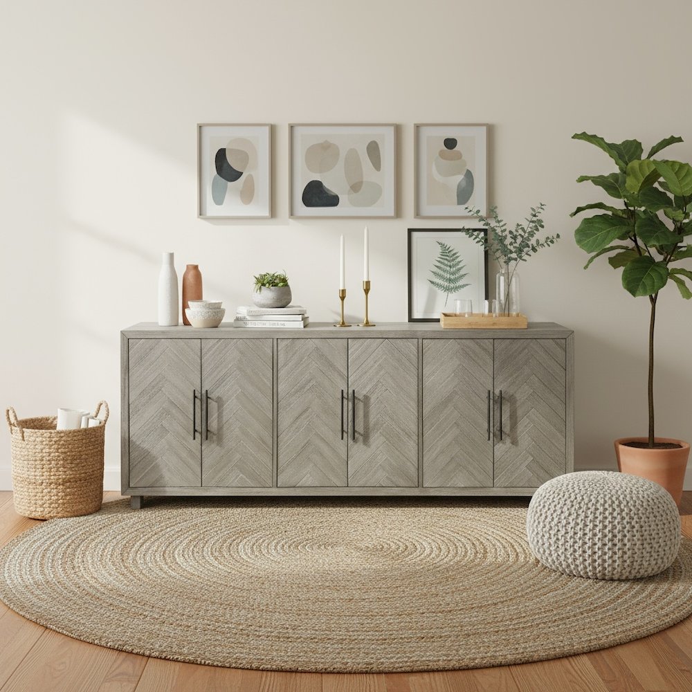 90 Inch Six Door Console, Distressed Gray, Herringbone, 3 Shelves. Picture 2