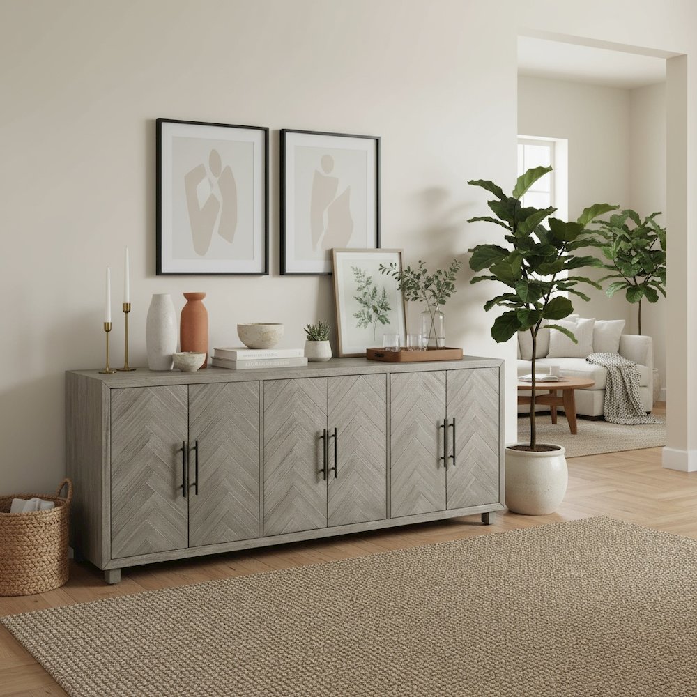 90 Inch Six Door Console, Distressed Gray, Herringbone, 3 Shelves. Picture 3