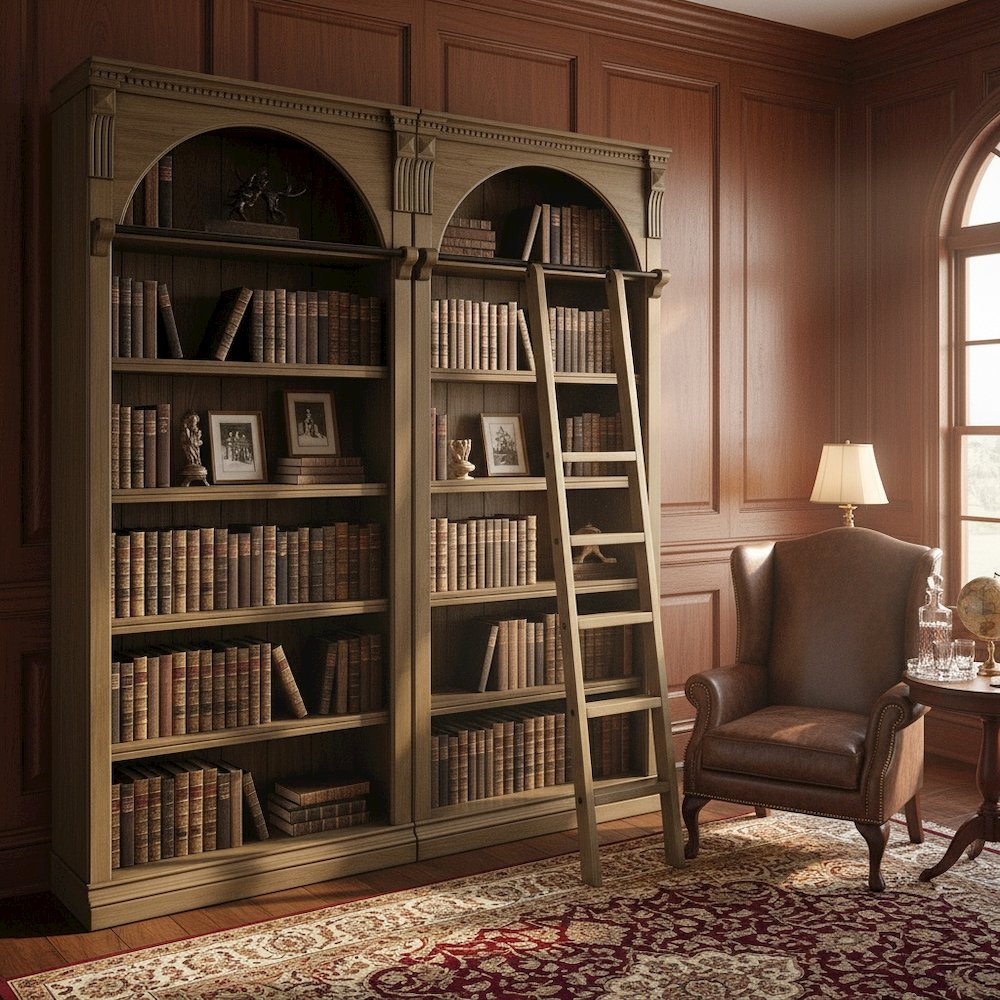 8 Foot Bookcase Wall, Ladder, Adjustable Shelves, Brown. Picture 2
