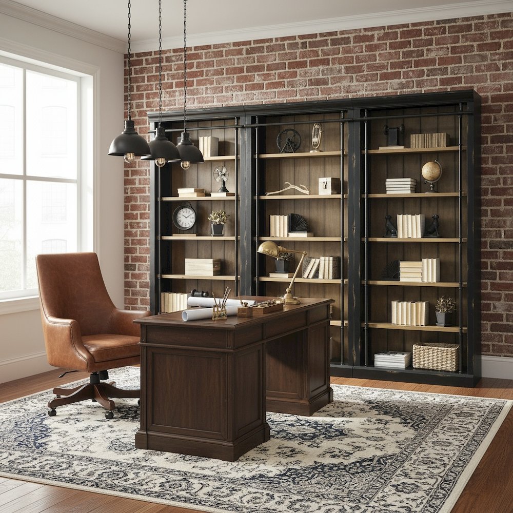8-Foot Tall 3-Bookcase Wall with Ladder, 12 Adjustable, 3 Fixed Shelves, Black. Picture 3