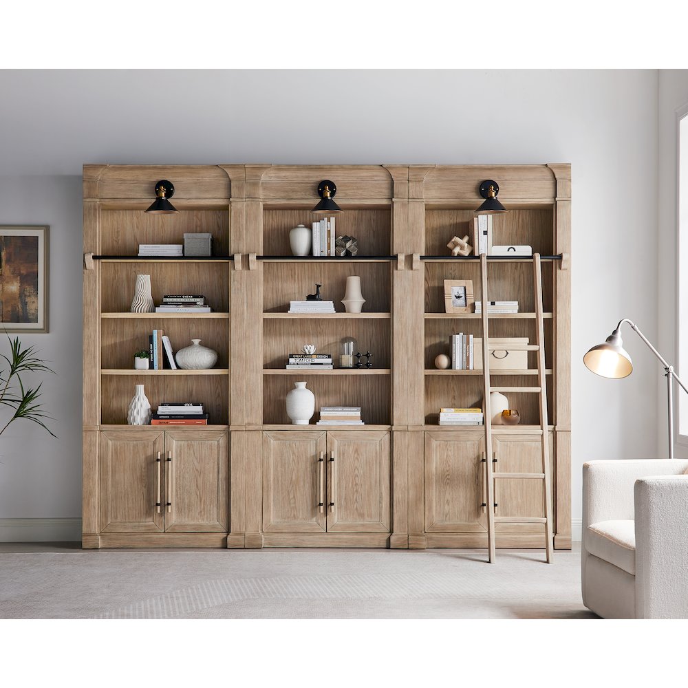 Three 8' Tall Bookcase Wall With Ladder, Storage Organizer, Display Shelf, Brown. Picture 14