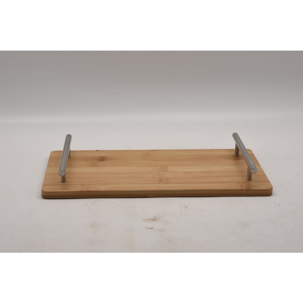 Rectangular Bamboo Tray With Chrome Finish Handle. Picture 2