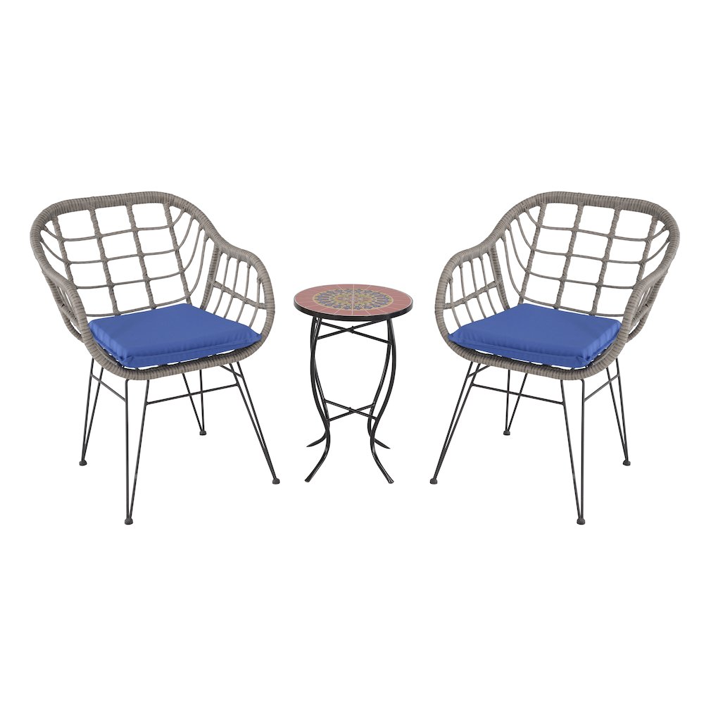 Faux Rattan Basket Chair Set With Mosiac Accent Table. Picture 1