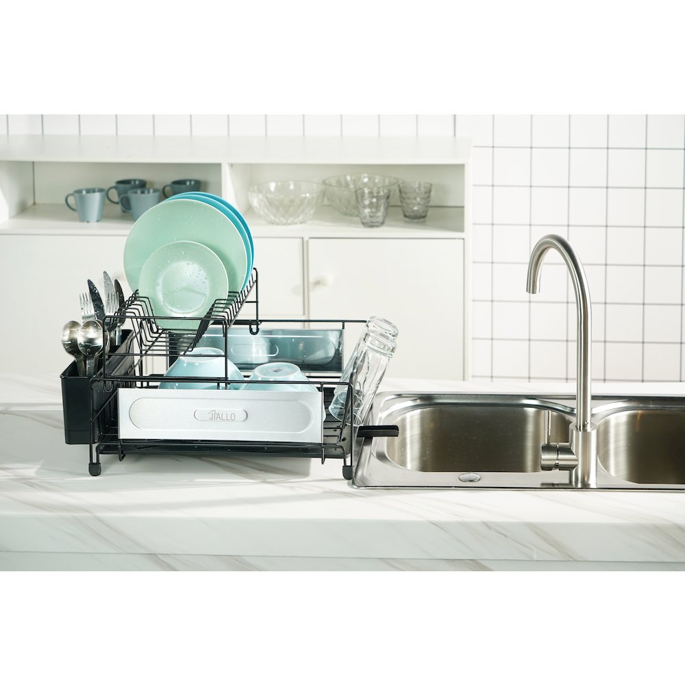 Stainless Steel 2-Tier Dish Rack With Self -Draining Tray (Black Color). Picture 3
