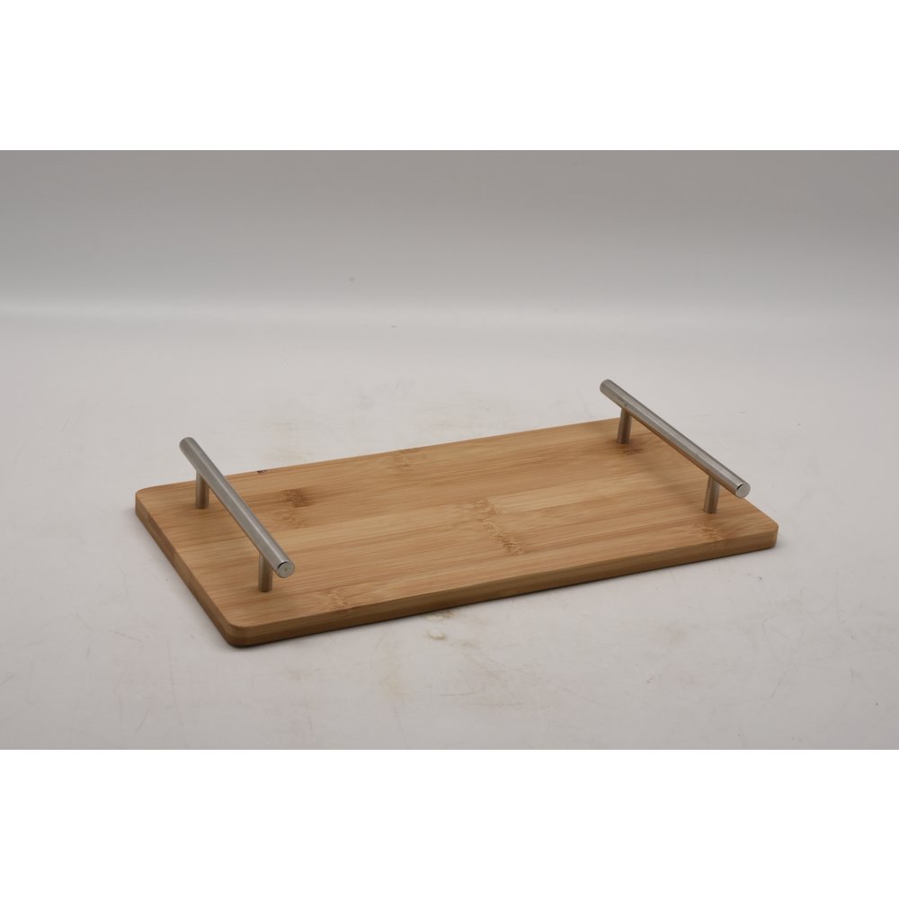 Rectangular Bamboo Tray With Chrome Finish Handle. Picture 1