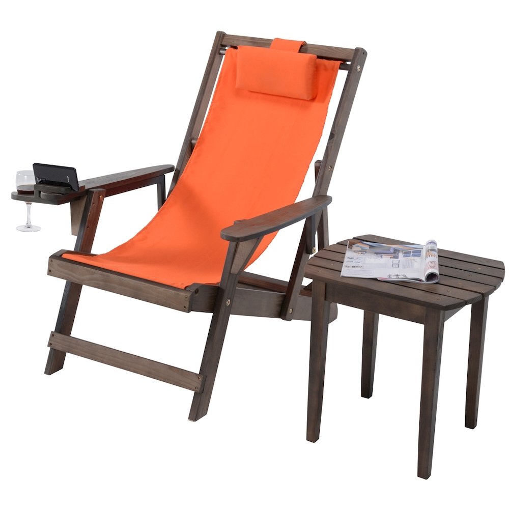 Canvas Sling Chair With Cup And Wine Holder And End Table. Picture 1