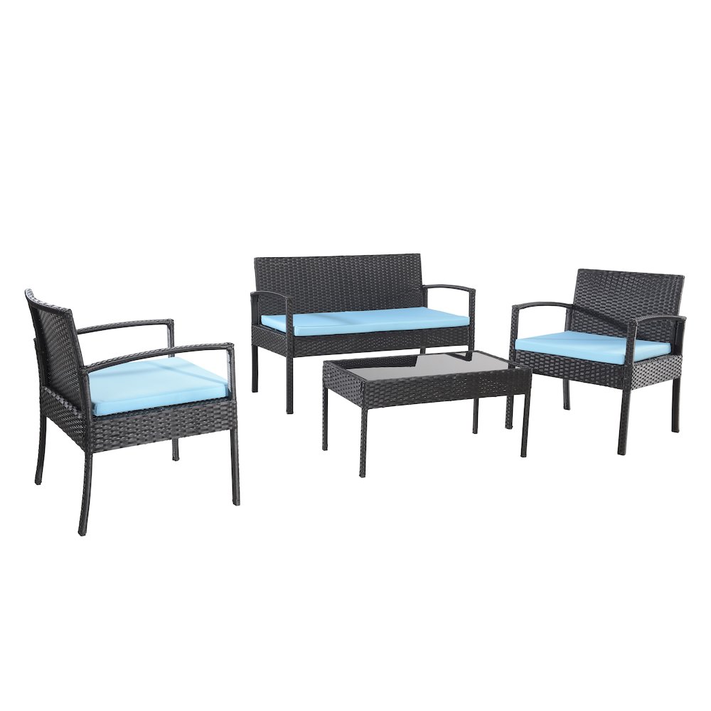 Conversation Set. Black Wicker Blue Fabric. Picture 1