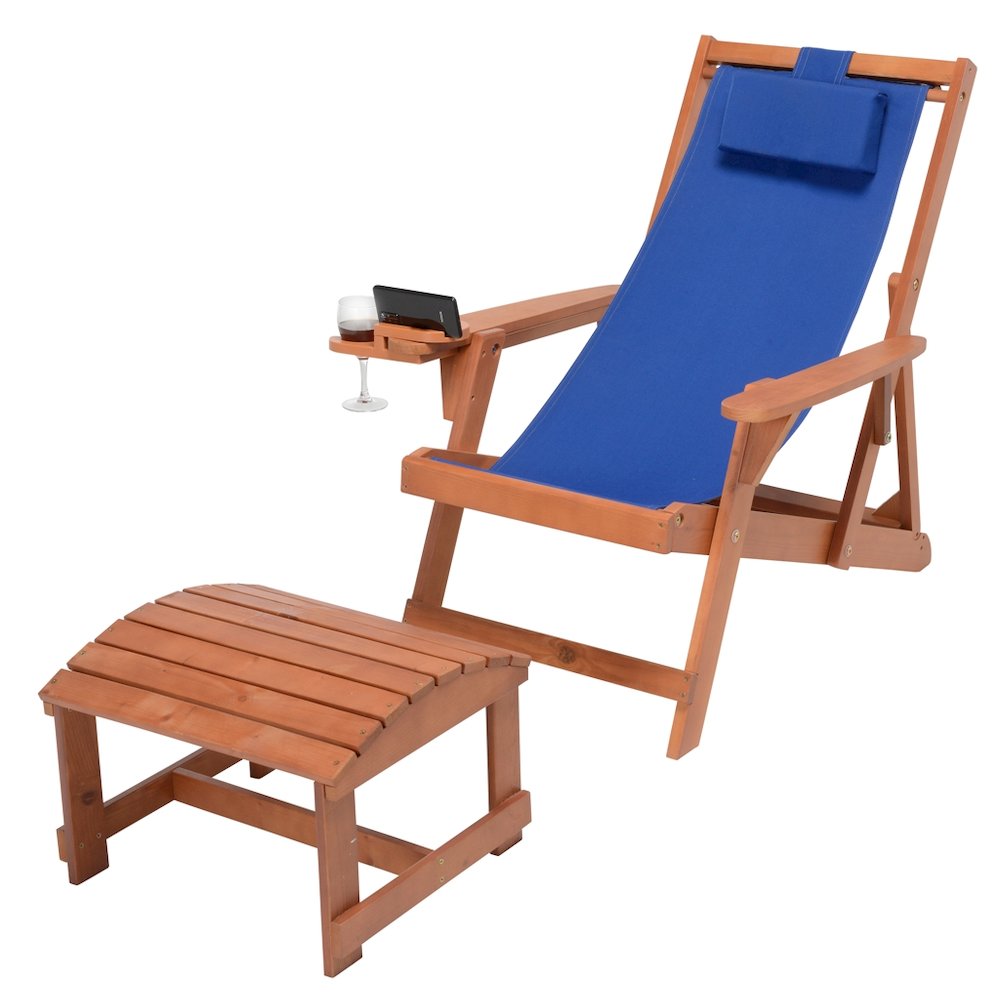 Canvas Sling Chair With Cup And Wine Holder And Ottoman. Picture 1
