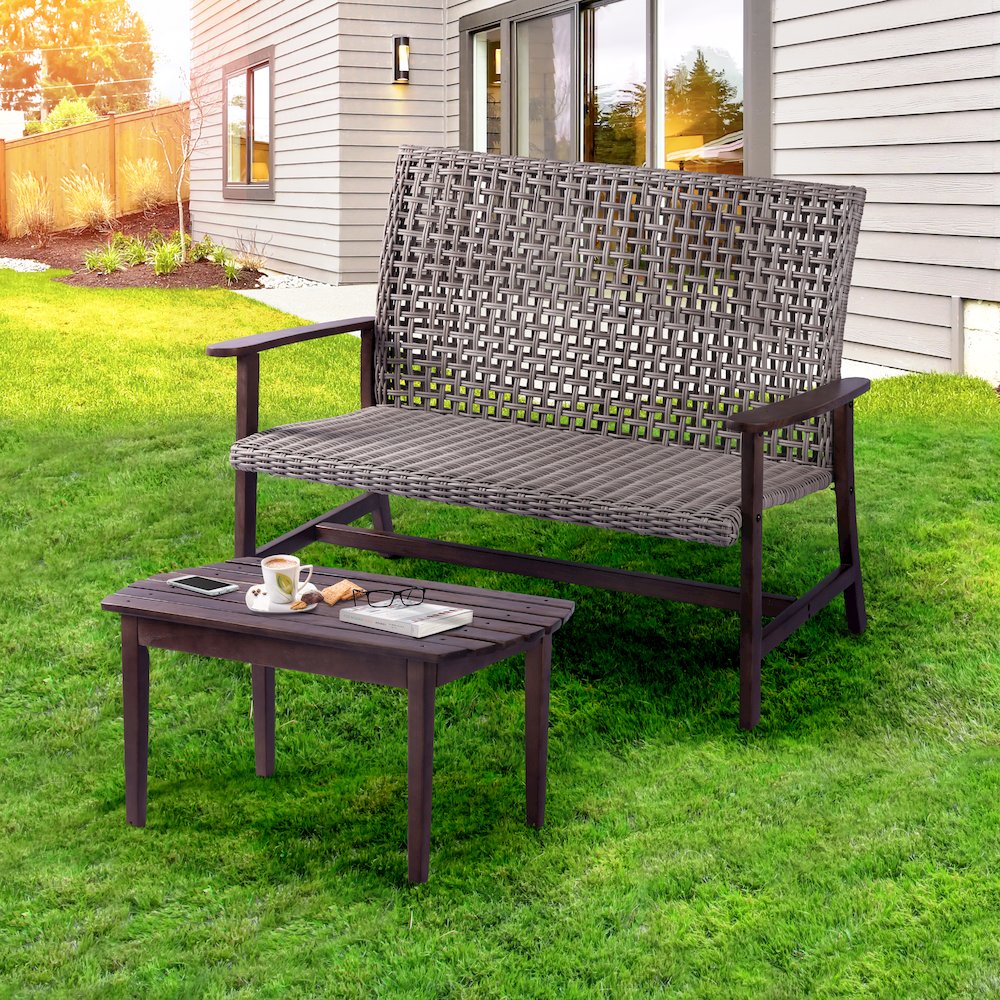 Pine Wood And Wicker Rattan - Chat Set Loveseat And Coffee Table. Picture 2