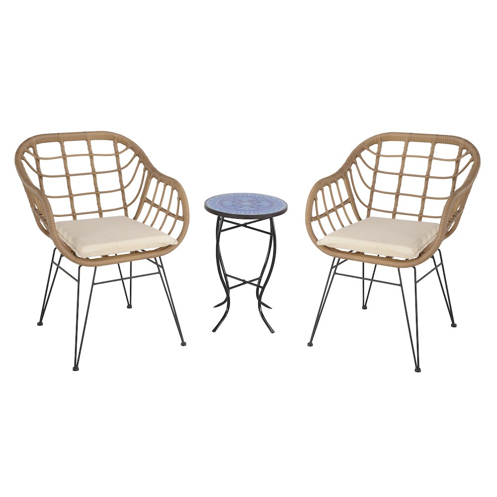 Faux Rattan Basket Chair Set With Mosiac Accent Table. Picture 1