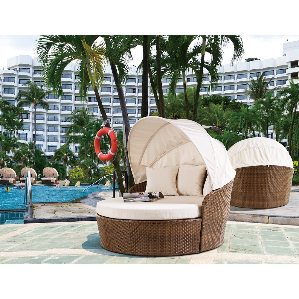 Canopy Daybed Outdoor Backyard Patio Furniture Light Brown Wicker. Picture 3