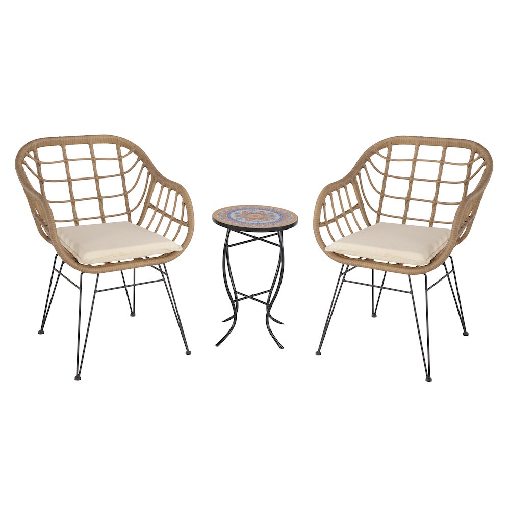 Faux Rattan Basket Chair Set With Mosiac Accent Table. Picture 1
