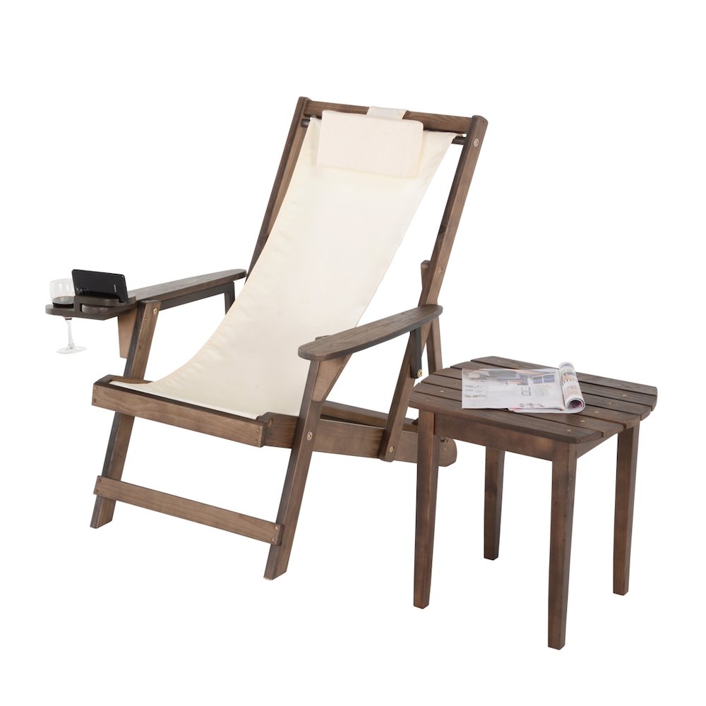 Canvas Sling Chair With Cup And Wine Holder And End Table. Picture 1