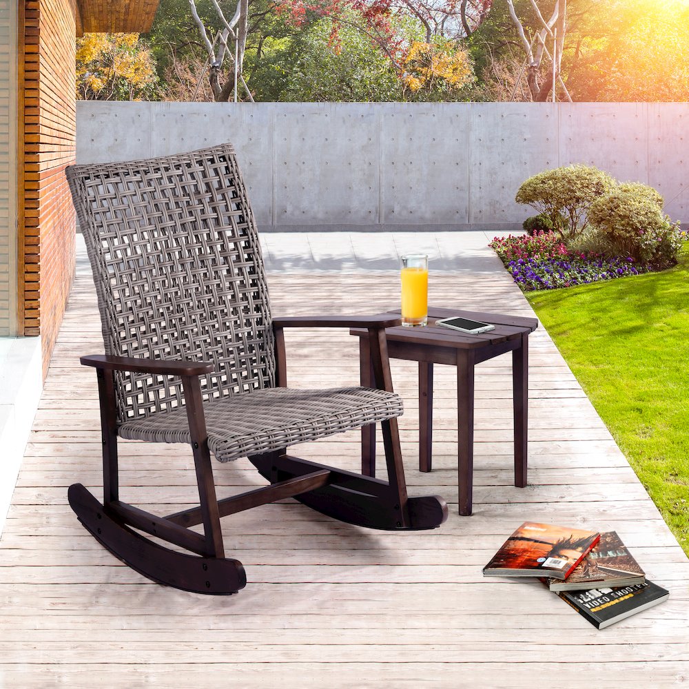 Pine Wood And Wicker Rattan - Conversation Set Rocking Chair And Table. Picture 2