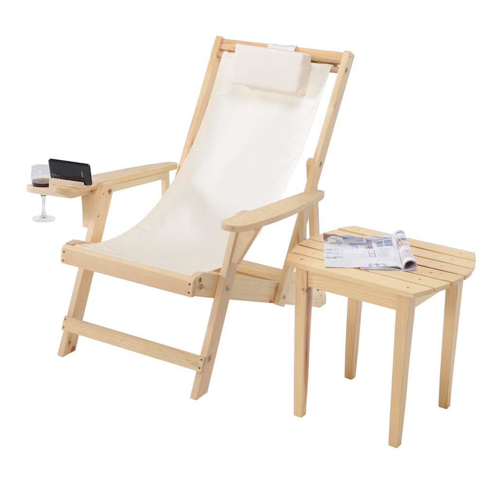 Canvas Sling Chair With Cup And Wine Holder And End Table. Picture 1