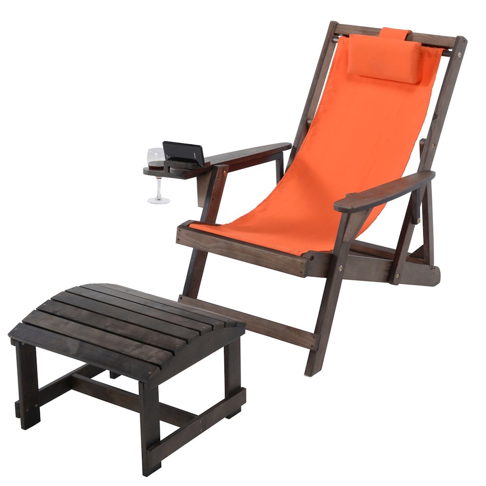 Canvas Sling Chair With Cup And Wine Holder And Ottoman. Picture 1