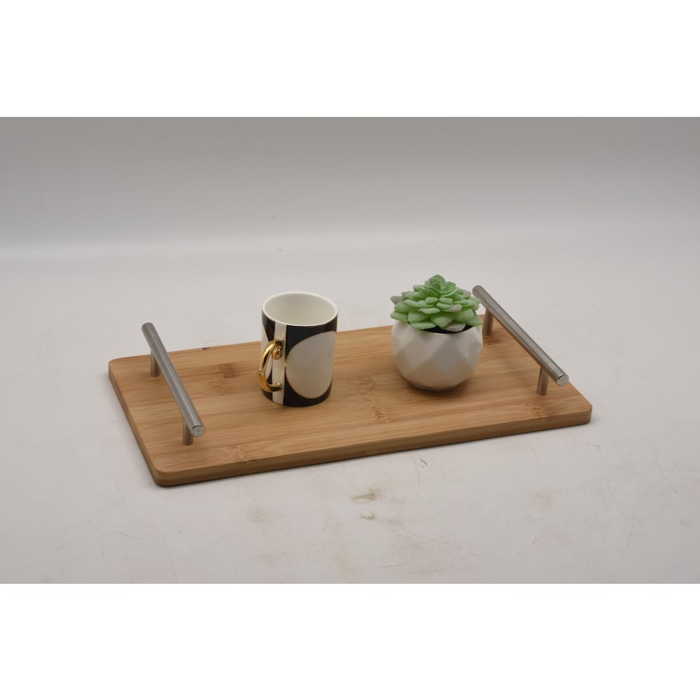 Rectangular Bamboo Tray With Chrome Finish Handle. Picture 3