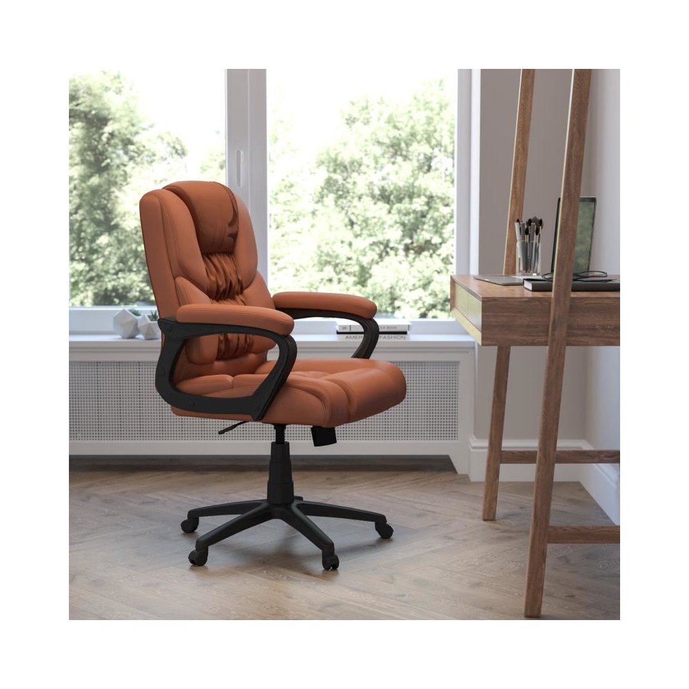 Flash Fundamentals Big & Tall 400 lb. Rated Brown LeatherSoft Swivel Office Chair with Padded Arms, BIFMA Certified. Picture 2