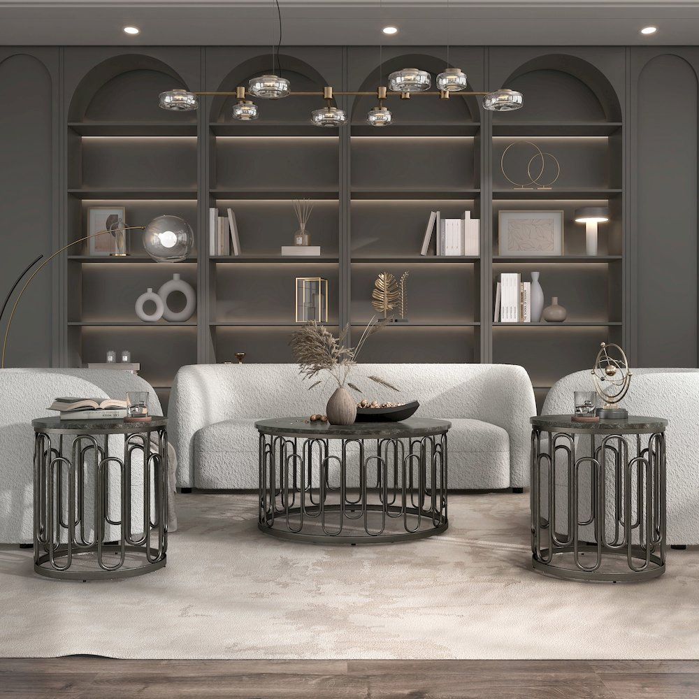 Silas Marble and Metal 3-Piece Coffee Table Set in Black. Picture 4