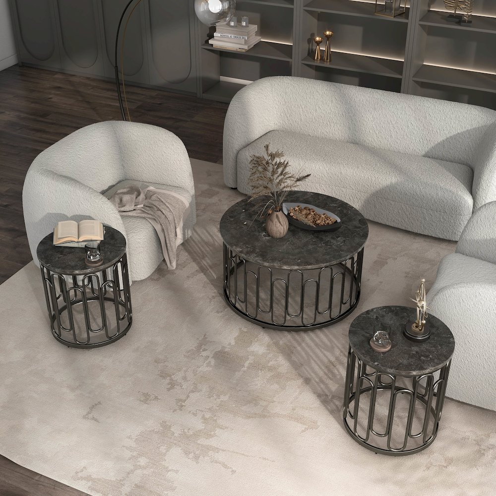 Silas Marble and Metal 3-Piece Coffee Table Set in Black. Picture 5