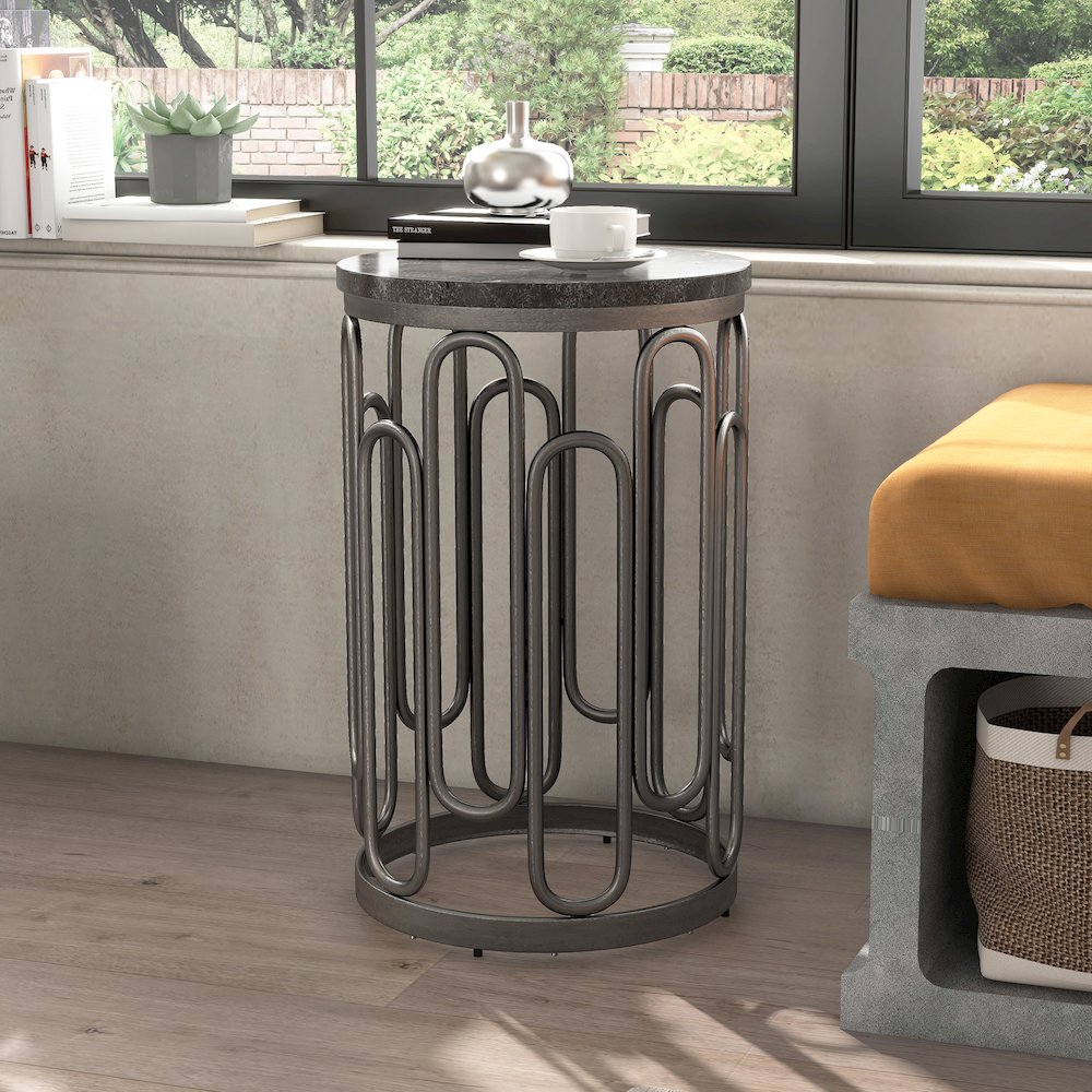 Silas Round Modern Metal Small End Table in Black. Picture 2