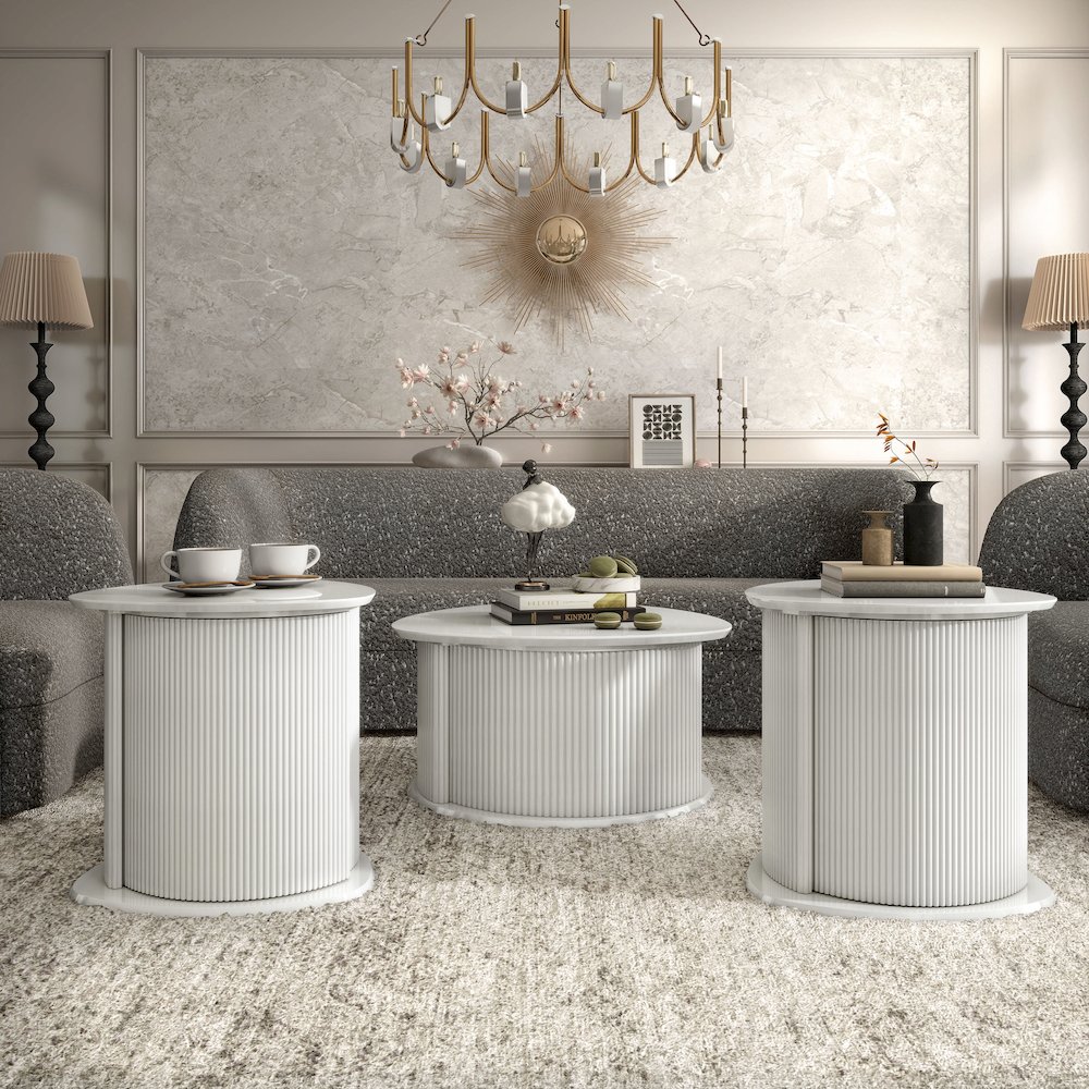 Elara Wood 3-Piece Coffee Table and End Table Set in White. Picture 4