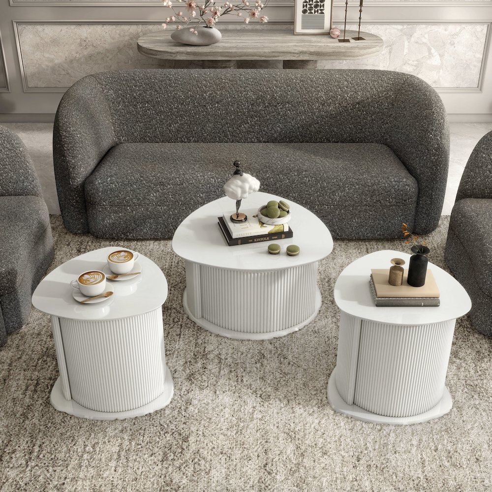 Elara Wood 3-Piece Coffee Table and End Table Set in White. Picture 5