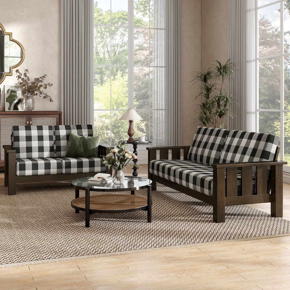 Gavik Modern 2-Piece Solid Wood Frame Upholstery Living Room Set, Dark Walnut. Picture 3