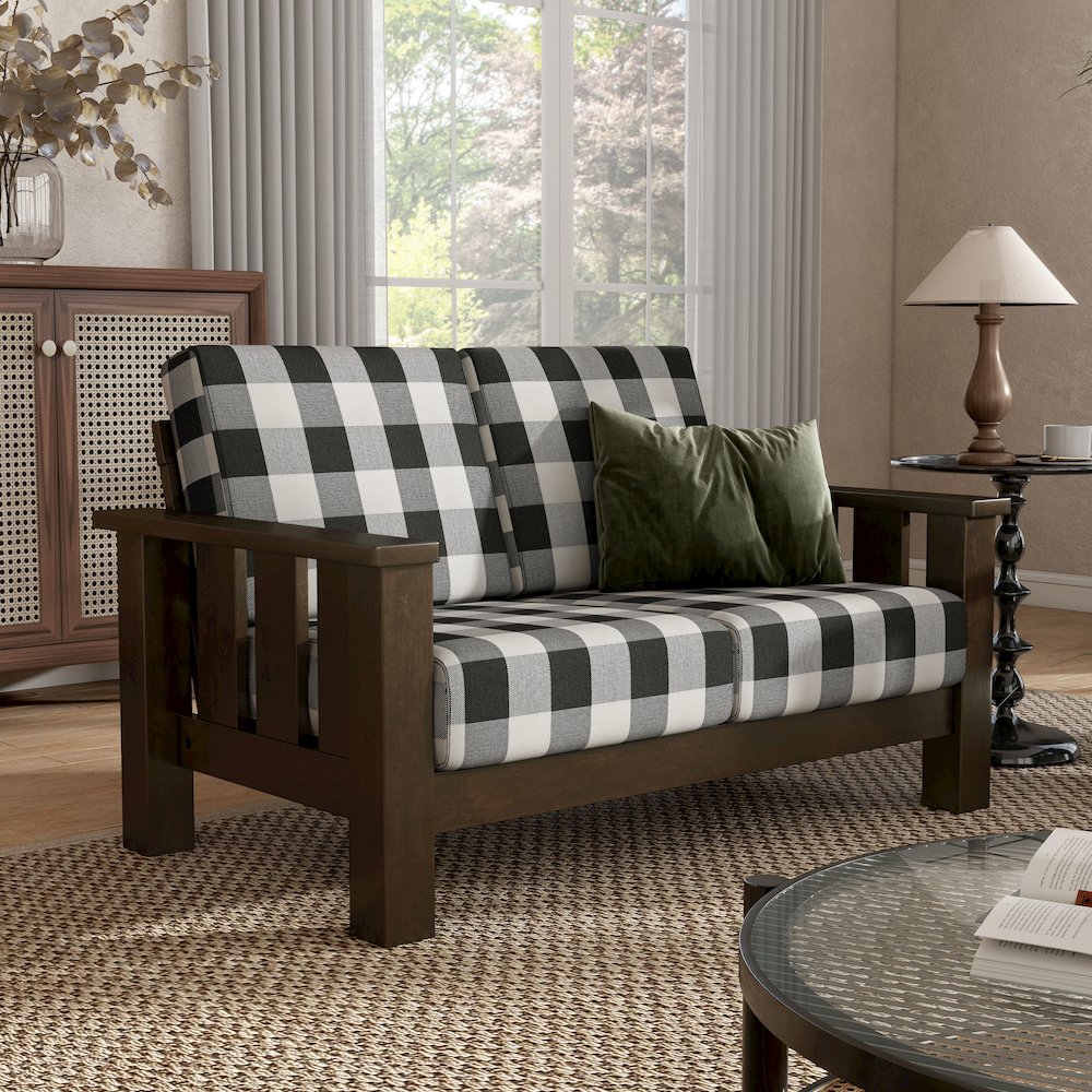 Gavik Modern Solid Wood Frame Upholstery Loveseat, Dark Walnut. Picture 3