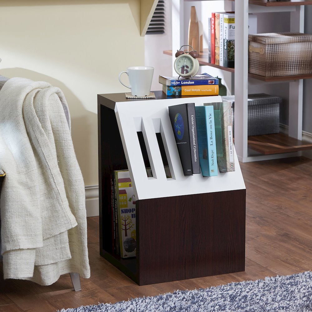 Urich Slatted Wood 1-Shelf End Table in Walnut and White. Picture 2