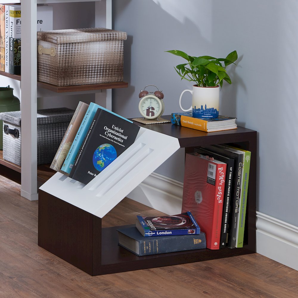 Urich Slatted Wood 1-Shelf End Table in Walnut and White. Picture 3