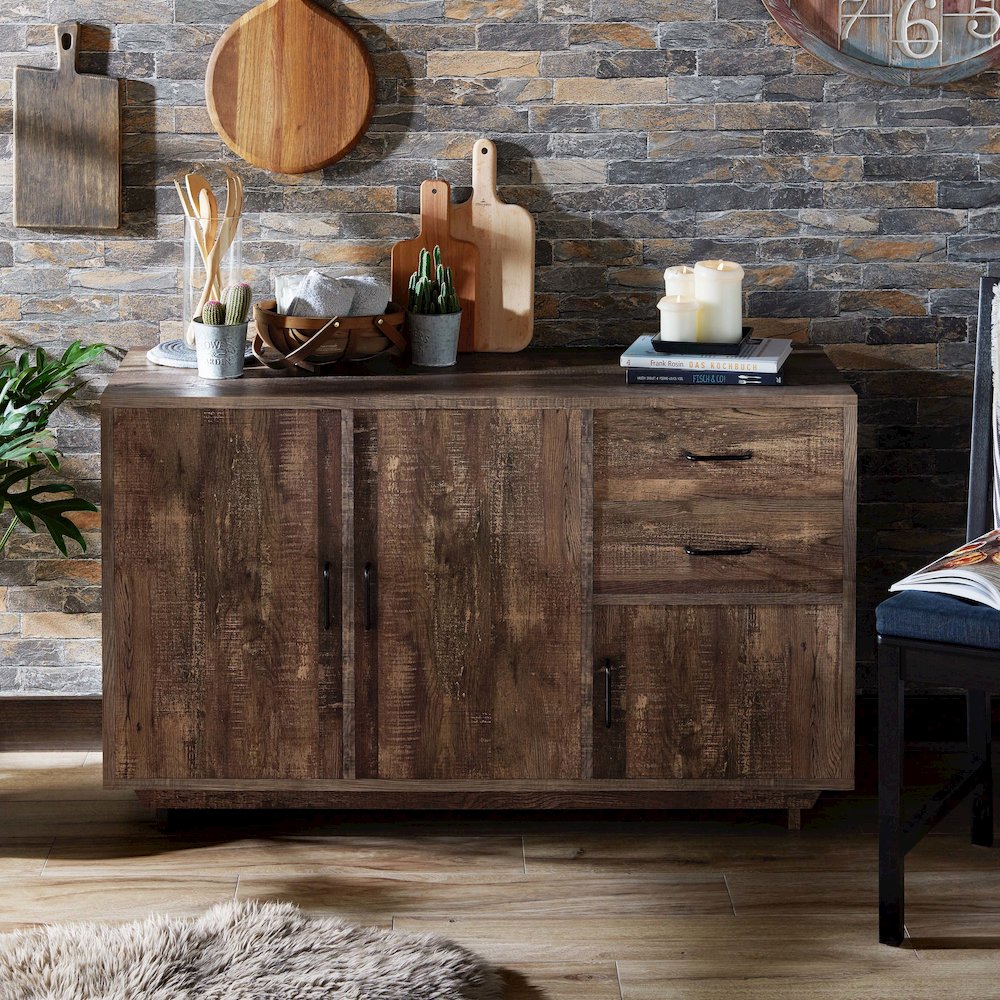 Galvin Rustic Wood 2-Drawer Buffet in Reclaimed Oak. Picture 4
