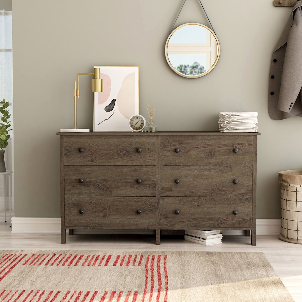 Reyes Rustic Wood 6-Drawer Dresser in Distressed Walnut. Picture 5