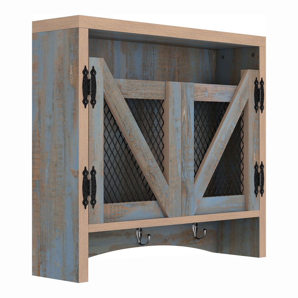 Hugo Wood Distressed Blue Wall Storage Organizer with Hooks. Picture 1