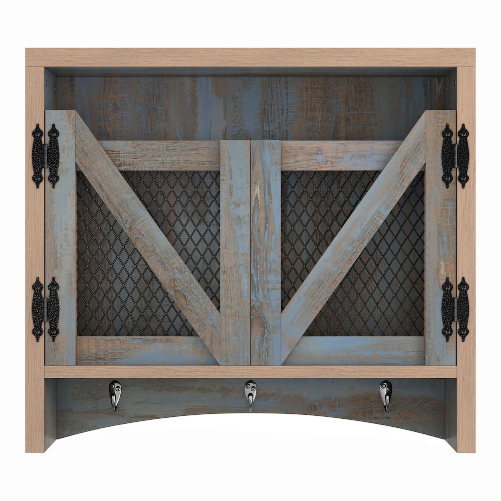 Hugo Wood Distressed Blue Wall Storage Organizer with Hooks. Picture 2