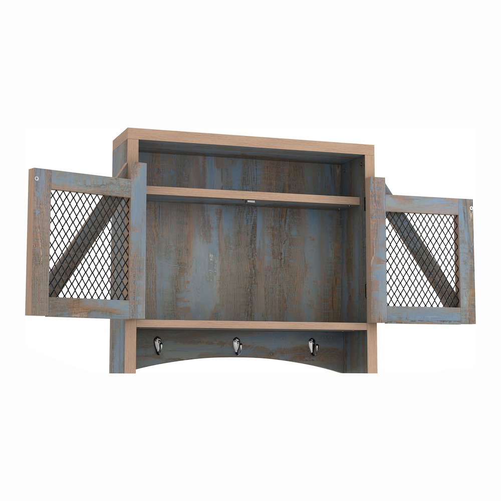 Hugo Wood Distressed Blue Wall Storage Organizer with Hooks. Picture 3