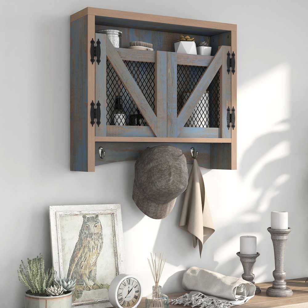 Hugo Wood Distressed Blue Wall Storage Organizer with Hooks. Picture 4