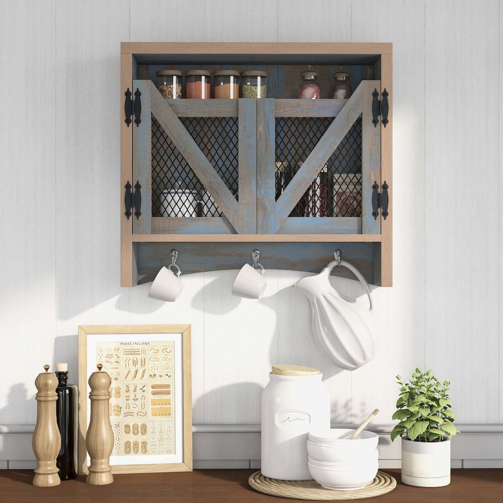 Hugo Wood Distressed Blue Wall Storage Organizer with Hooks. Picture 5